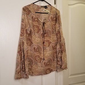Retro Genuine Woman's Sheer Blouse Paisley Print Long Split Sleeve Size L -NWT's
